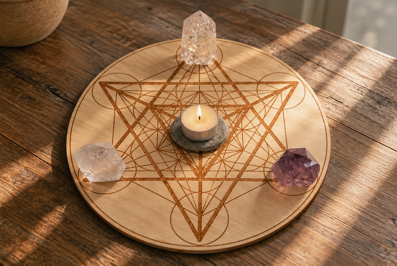 Een energetisch grid: houten bord met kristallen en een kaars